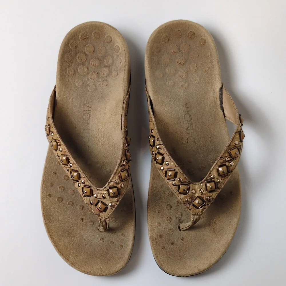 Vionic Floriana Tan Cork Embellished Suede Thong Flip Flop Sandals Women's 9